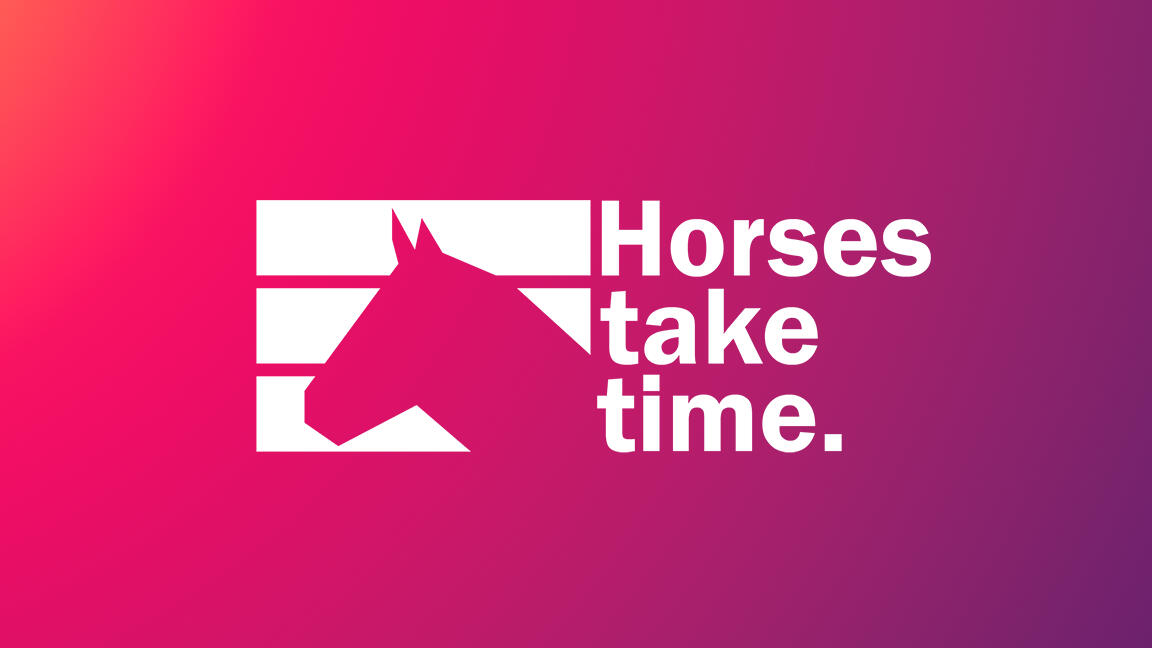 a logo featuring a horse head silhouetted on a white backdrop, with the adjacent words "horses take time"